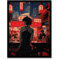 Artery8 Ukiyo Cyberpunk Jazz Bar Film Noir Neon Anime Framed Art Print in Red | Size: W12" x H16"