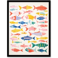 Artery8 Wall Art Print Multicoloured Fish Screen By Sofia Francis Kitchen Food Risograph Art Framed in Black | Size: W12" x H16"