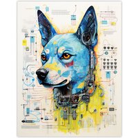 Artery8 Wall Art Print Dog Robot Hybrid Schematic Blue Futuristic Secret Complex Arcane Manuscript Gift For Him Man Cave Poster | Size: W12" x H16"