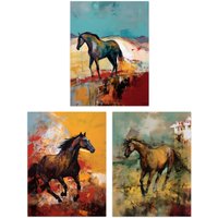 Artery8 Set of 3 Wild Horses Oil Paintings Galloping Wilderness Canada Earthy Tones Aesthetic Unframed Wall Art Living Room Poster Prints Pack