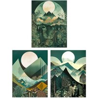 Artery8 Wall Art Print Set of 3 Geometric Forest Mountain Landscape Boho Art Deco Tan Teal Green Full Moon Sunrise Artworks Living Room Poster s Pack