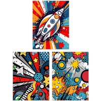 Wall Art Print Set 3 Space Pop Art Comic Book Style Artwork Planet Stars & Rocket Bedroom Living Room Poster s Pack