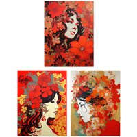 Artery8 Set of 3 Women Faces with Red Flowers Floral Artworks Boho Portraits Unframed Wall Art Living Room Poster Prints Pack | Size: W12" x H16"