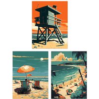 Artery8 Wall Art Print Set of 3 Coastal Landscapes Graphic Artwork Orange Teal Summer Beach Holiday Living Room Poster s Pack | Size: W12" x H16"