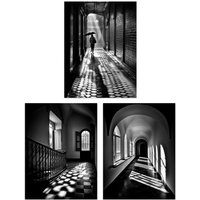 Artery8 Wall Art Print Set of 3 Shadows & Light Black & White Photographs Geometric Patterns Atmospheric Corridors Living Room Poster s Pack