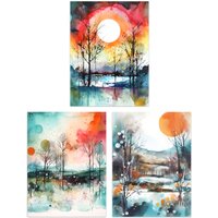 Artery8 Set of 3 Winter Countryside Landscape Watercolour Paintings Sun & Moon Dawn & Sunset Snow Unframed Wall Art Living Room Poster Prints Pack