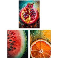 Artery8 Wall Art Print Set of 3 Fruit Paintings Study Orange Pomegranate Watermelon Living Room Poster s Pack | Size: A4