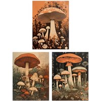 Artery8 Wall Art Print Set of 3 Botanical Fungi Mushroom Paintings Earthy Flora Fauna Nature Living Room Poster s Pack in Orange | Size: A4