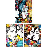 Artery8 Wall Art Print Set of 3 LGBTQ+ Love Vibrant Pop Art Paintings Lesbian Couple Floral Portraits Living Room Poster s Pack | Size: A4