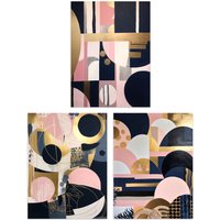 Artery8 Set of 3 Abstract Boho Art Deco Paintings Gold Pink Navy Blue Geometric Shapes & Patterns Unframed Wall Art Living Room Poster Prints Pack