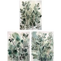 Artery8 Set of 3 Botanical Plants Sage Green Watercolour Eucalyptus Leaves Boho Artworks Unframed Wall Art Living Room Poster Prints Pack | Size: A4