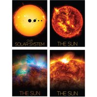 Artery8 Pack of 4 NASA Our Solar System The Sun & Planets Size Comparison Solar Flares & X-Ray Image Unframed Wall Art Living Room Prints Set