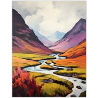 Artery8 Scotland Glencoe Valley Oil Painting Majestic Mountains & River w/ Heather Shrubs Large Wall Unframed Art Poster Print Thick Paper 18X24 Inch