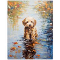 Artery8 Brown Cockapoo & Autumn Leaves In Lake Claude Monet Style Dog Oil Painting Large Wall Unframed Art Poster Print Thick Paper 18X24 Inch