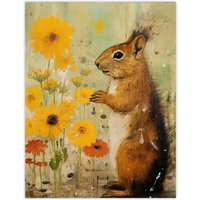 Artery8 Squirrel In The Marigolds Stop To Smell The Flowers Oil Painting Orange & Yellow Large Wall Unframed Art Poster Print Thick Paper 18X24 Inch