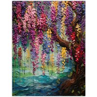 Artery8 Colourful Cascading Wisteria Over Riverbank Heavy Oil Painting Large Wall Unframed Art Poster Print Thick Paper 18X24 Inch | Size: W18" x H24"