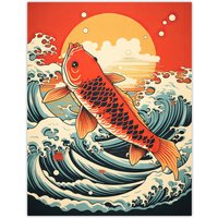 Artery8 Japan Koi Carp Fish Leaping From The Sea At Sunset Great Wave Off-Goldfish Artwork Large Wall Unframed Art Poster Print Thick Paper 18X24