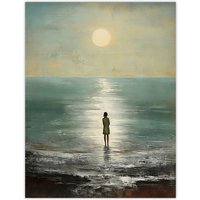 Artery8 Looking Out To Sea Oil Painting Alone At The Water Shore Moonlit Beach Seascape Large Wall Unframed Art Poster Print Thick Paper 18X24 Inch