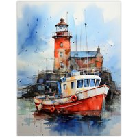 Artery8 Scottish Harbour Fishing Boats Lighthouse Modern Watercolour Artwork Blue & Red Large Wall Unframed Art Poster Print Thick Paper 18X24 Inch