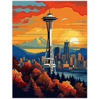 Artery8 Seattle Washington The Space Needle Funky Modern Painting Large Wall Unframed Art Poster Print Thick Paper 18X24 Inch | Size: W18" x H24"