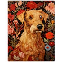Artery8 Bright & Bold Flowers Golden Terrier Dog On Elegant Floral Backdrop William Morris Style Pattern Artwork Large Wall Unframed Art Poster Print