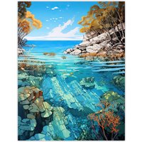 Artery8 Serene Coral Reef Bay Artwork Scenic Turquoise Seascape Extra Large XL Unframed Wall Art Poster Print | Size: W24" x H32"