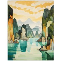 Artery8 Ha Long Bay Watercolour Painting Vietnam Limestone Islands In Emerald Waters Pastel Colour Seascape Extra Large XL Unframed Wall Art Poster