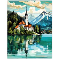 Artery8 Lake Bled Vibrant Artwork Slovenia Island w/ 17th Century Church Reflecting On Turquoise Waters Extra Large XL Unframed Wall Art Poster Print