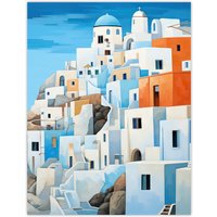 Artery8 Santorini Greece Watercolour Painting Whitewashed Buildings Of Greek Island In Aegean Sea Extra Large XL Unframed Wall Art Poster Print