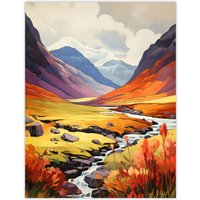 Artery8 Scotland Glencoe Valley Vibrant Oil Painting Majestic Mountains & River With Heather Shrubs Extra Large XL Unframed Wall Art Poster Print