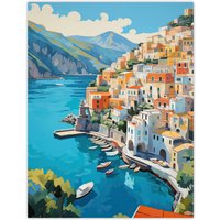 Artery8 Amalfi Coast Artwork Blue Orange Green Italy Coastal Village Landscape Extra Large XL Unframed Wall Art Poster Print | Size: W24" x H32"