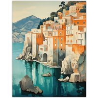 Artery8 Amalfi Coast Artwork Blue Orange Green Coastal Village Italy Landscape Extra Large XL Unframed Wall Art Poster Print | Size: W24" x H32"