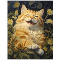 Artery8 Contented Grinning Ginger Cat Wildflower Meadow Oil Painting Extra Large XL Unframed Wall Art Poster Print | Size: W24" x H32"