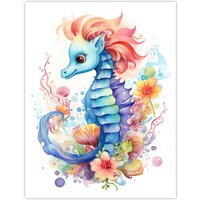 Artery8 Cute Seahorse Watercolour Artwork Fun Kids Bedroom Nursery Extra Large XL Unframed Wall Art Poster Print | Size: W24" x H32"