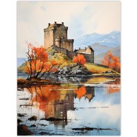 Artery8 Eilean Donan Castle Scotland Watercolour Painting Misty Morning Autumn Sunlight Extra Large XL Unframed Wall Art Poster Print