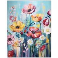 Artery8 Teal Pink Yellow Flowers Elegant Watercolour Artwork Wildflower Meadow Extra Large XL Unframed Wall Art Poster Print | Size: W24" x H32"