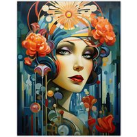Artery8 Metropolis Art Deco Woman Portrait With Flowers Artwork Bold Bright Extra Large XL Unframed Wall Art Poster Print | Size: W24" x H32"