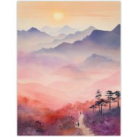 Artery8 Mist At Sunrise Over Purple Mountains Enchanting Watercolour Extra Large XL Unframed Wall Art Poster Print | Size: W24" x H32"