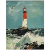 Artery8 Solitary Lighthouse Against A Stormy Sea Modern Oil Painting Ocean Colours With Red Extra Large XL Unframed Wall Art Poster Print