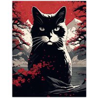 Artery8 Ukiyo Japan Black Cat Red Black White Modern Artwork Painting Extra Large XL Unframed Wall Art Poster Print | Size: W24" x H32"