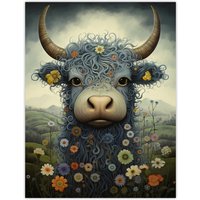 Artery8 Small Blue Highland Cow In Wildflower Meadow Fun Wee Blue Coo Artwork Extra Large XL Unframed Wall Art Poster Print | Size: W24" x H32"