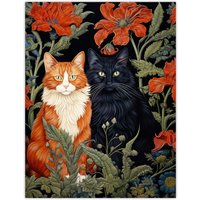 Artery8 Fluffy Ginger & Black Flower Cats Amongst The Red Floral Blooms Modern Artwork Extra Large XL Unframed Wall Art Poster Print