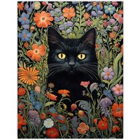 Artery8 Black Cat In Wildflower Meadow Flowers Floral Design Illustration Extra Large XL Unframed Wall Art Poster Print | Size: W24" x H32"
