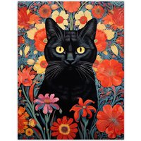 Artery8 Stylish Black Cat On Red Flowers Floral Design Illustration Lucky Witch Extra Large XL Unframed Wall Art Poster Print | Size: W24" x H32"