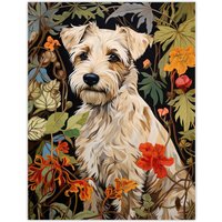Artery8 White Cream Border Terrier On Elegant Floral Backdrop William Morris Style Jungle Flowers Artwork Extra Large XL Unframed Wall Art Poster
