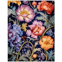 Artery8 Modern William Morris Style Elegant Anemone Flowers Floral Pattern Colourful Artwork On Blue Extra Large XL Unframed Wall Art Poster Print