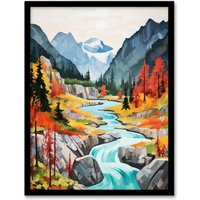 Artery8 Wall Art Print Jiuzhaigou Valley Acrylic Painting China Biosphere Reserve With Forest Mountains & Streams Art Framed in Black | Size: A4