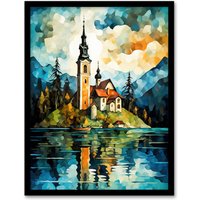Artery8 Wall Art Print Lake Bled Vibrant Artwork 17th Century Church On Slovenia Island Reflecting On Turquoise Water Art Framed in Black | Size: A4