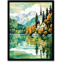 Artery8 Lake Bled Artwork Orange Green 17th Century Church On Slovenia Island Reflecting On Turquoise Water Art Print Framed Poster Wall Decor