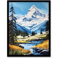 Artery8 Wall Art Print Swiss Alps Oil Painting Switzerland Snow Capped Peaks & River In Idyllic Alpine Meadow Art Framed in Black | Size: A4